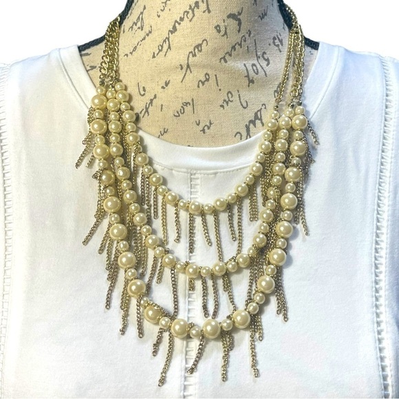 Gold Tone and Pearl Triple Strand Fringe Necklace - Picture 4 of 6